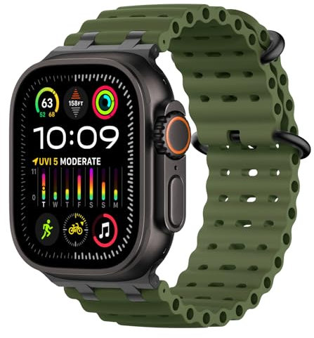 MoKo Upgraded Correa Deportiva de Silicona de Repuesto Compatible con Apple Watch 49mm/46mm/45mm/44mm/42mm - Series 10/9/8/7/6/5/4/3/SE2/SE/Ultra2/Ultra - Para Hombres y Mujeres, Negro/Verde Militar