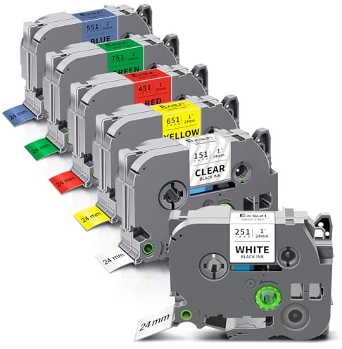 Exsun 6er-Pack Kompatibel mit Tze 24mm Bänder Ersatz für Brother Tze-251 Tze-151 Tze-451 Tze-551 Tze-651 Tze-751 Etikettenbänder für Ptouch PT-P750W PT-P750WVP PT-D600 PT-9700PC PT-9800PCN PT-P900W