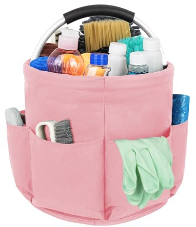IVODEELA Cleaning Caddy with Handle,Cleaning Caddy Organiser,Multi Pocket Large Bag,Easy To Clean and Carry Cleaning Products Organiser,Pink
