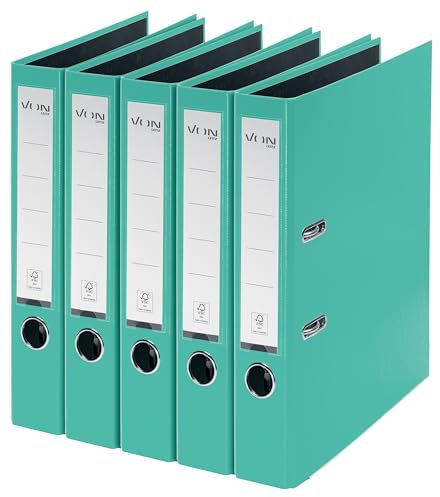 VON Leitz 5er Pack Ordner A4, Karton mit Kunststoffeinband, 50 mm Rückenbreite, Für 350 Blatt, FSC-zertifizierter Karton, Für Schule, Studium & Haushalt, Mintgrün, 10561051