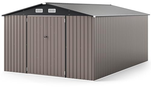 COSTWAY 12x8FT/12x12FT/14x10FT Metal Garden Shed, Galvanized Outdoor Storage Shed with Lockable Doors, 4 Air Vents & Sloping Roof, Weatherproof Tool Storage House (Dark Grey + Light Grey, 14x10FT)