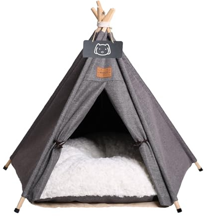 Meowmellow Tipi Zelt für Haustiere Hundezelt Katzenzelt mit Plüschkissen | Haustierzelte Häuser für Katzen und Hunde Hundehöhle und Haustierhäuser Wegklappen Haustier Zelt Möbel 60x60x70cm