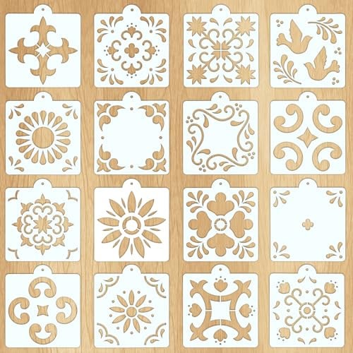 Talavera Lot de 16 pochoirs muraux réutilisables de 20,3 x 20,3 cm pour peinture sur meubles, sols, murs, toile, carreaux réutilisables pour décoration d'intérieur