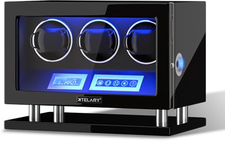 XTELARY Uhrenbeweger, Fingerabdrucksperre Automatischer Uhrenbeweger für 3/4/6/8//9/12 mit LCD-Touchscreen, Fernbedienung, Blauer LED, Leisem Motor und Verstellbaren Uhrenkissen für Herren und Damen