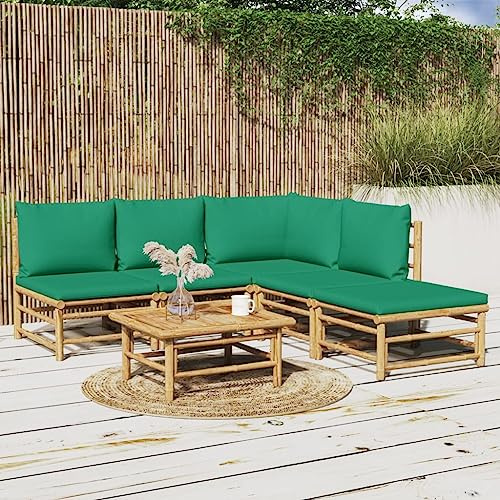 Teenpull 6-TLG. Garten-Lounge-Set, Bambus Naturöl-Finish, Grüne Kissen, Outdoor Terrassenmöbel mit Tisch, Modulares Design für Balkon und Veranda