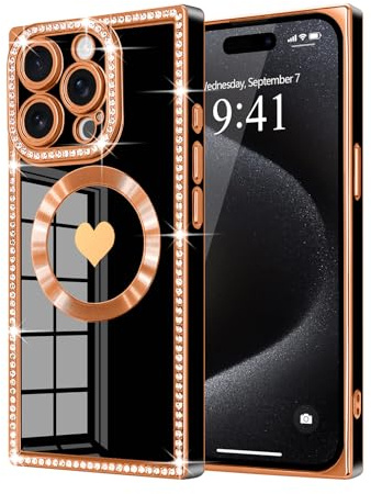 Urarssa for iPhone 15 Pro Max Case Rectangle, with Glitter Diamonds, Black | Bling Cute Love Heart Pattern Plating Soft TPU Bumper, Slim Shockproof Anti-scratch Phone Cover for Women Girls