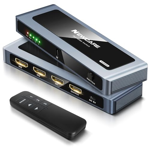 NEWCARE HDMI 2.1 Switch 3-in-1 Out 8K 60Hz / 4K 120Hz, 48Gbps Ultra High Speed HDMI Switcher with Remote, Aluminium Housing, HDR10+ VRR ALLM, Compatible with PS5 Xbox Series X/S TV Monitor Projector