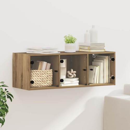 QJBSAVVA Wandregal-Schrank Artisan-Eiche 102 x 37 x 35 cm aus Holzwerkstoff mit Glastüren platzsparendes modernes Design mit 3 Regalen für Living Room Corridor and Bedroom