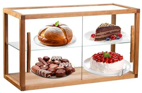 pujindu Vitrina Expositora De Madera para Mostrador, Vitrina Expositora De Cristal Transparente con 2 Bandejas para Panadería, Vitrina Expositora Comercial para Pastelería(Light Brown,60x25x34.3cm)