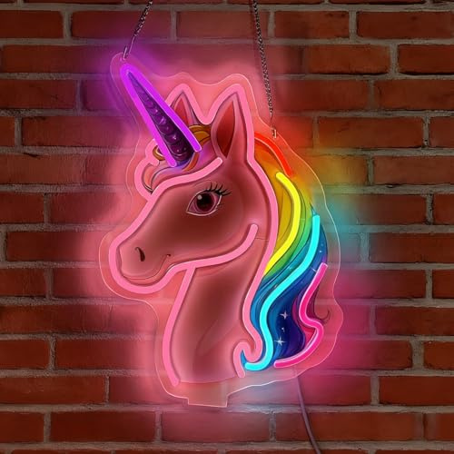 LED-Einhorn-Neonschild, leuchtend, magisches Einhorn-Lichter, beleuchtetes Märchen-Neonschild mit Sockel für Schlafzimmer, Schlafsaal, Flur, Garage, Bar, Spielzimmer, Mann, Mädchen, Höhle