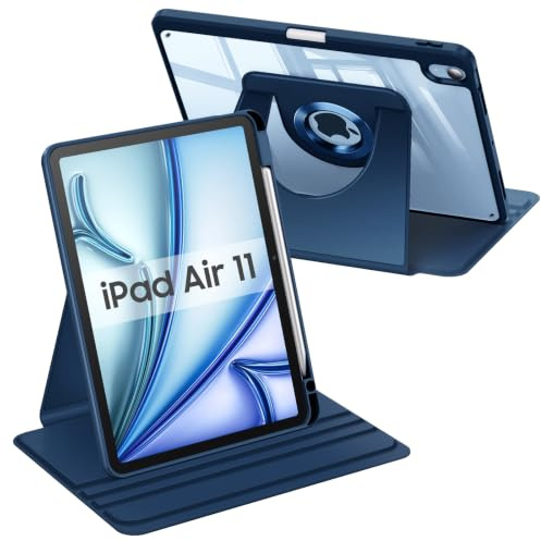 FINTIE Coque Rotative pour iPad Air 11 Pouces M4 M3 M2 & iPad Air 5/4 10.9 | Design Fin, Coque avec Porte-Stylet, Étui Pivotant à 360°, Housse Arrière Transparente, Bleu Foncé