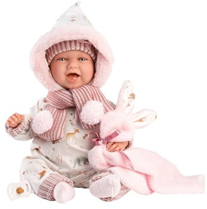 Llorens 1074030 Puppe Mimi Hase, mit blauen Augen und mit weichem Körper, Babypuppe inkl. Outfit, Schnuller, Schnullerkette und weicher Decke mit Waldtiermotiven, 42cm, Weiß