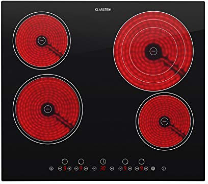 Klarstein Virtuosa Placas Cocción - Cocina vitrocerámica Empotrable, 4 Placas, 6500 W, 9 niveles de regulación, Temporizador, Apagado automático, Panel táctil, Protección Calentamiento, Negro