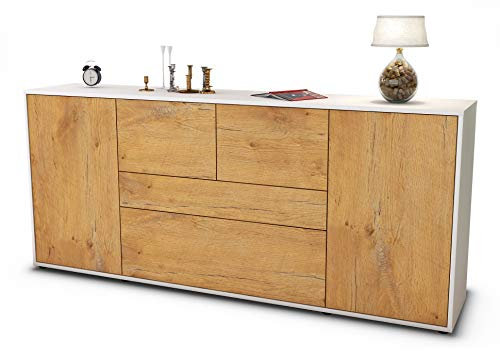 Stil.Zeit Sideboard Elisa, Korpus Weiss matt, Front Holz-Design Eiche (180x79x35cm) Push-to-Open Technik & Leichtlaufschienen