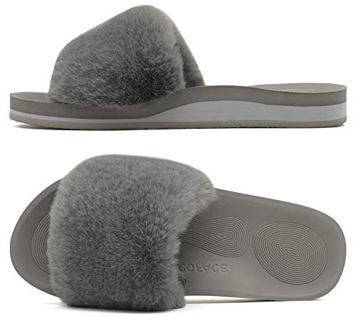 COFACE Womens Slippers with Arch Support for Plantar Fasciitis Relief Open Toe Faux Fur Orthopedic Orthotic Ladies Slippers Slip On Sliders Size 7 grey