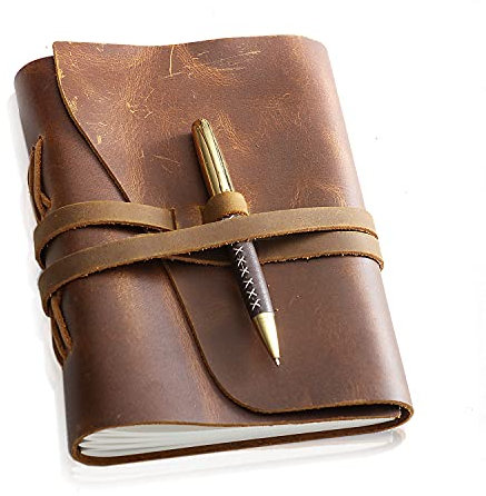 Scrodcat vintage leather sketchbook leather Blank Pages Genuine Leather Bound Daily Notepad for Men & Women,240 Kraft Pages with pen (Brown, L)