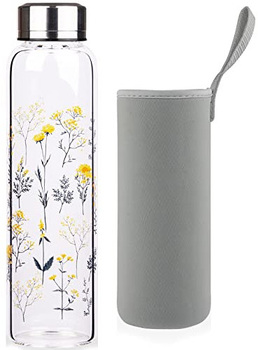 Reeho Bouteille d'eau en Verre, Gourde en Verre avec Housse en Néoprène et Bouchon en Acier Inoxydable, sans BPA, 500ml / 1000ml / 1 Litre (500ml, Branches Fleuries)