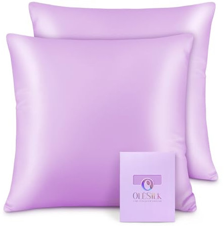 OLESILK Federa 100% seta, per la cura dei capelli e della pelle, con chiusura lampo, 16 momme, 2 pezzi, colore viola chiaro, 65 x 65 cm