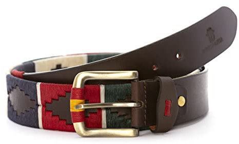 HD DHISPANIA Herrengürtel aus Leder, handgefertigt, argentinischer Pologürtel aus echtem Leder, handbestickt in einer Vielzahl von Größen: T/95-T/100-T/105-T/110-T/115-T/120., Grün-Rot, 115 cm