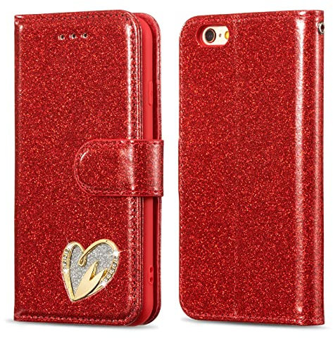 QLTYPRI Red Glitter PU Leather Flip Folio Case for iPhone 6/6S with Heart Diamond, Kickstand, Card Slot & Magnetic Closure