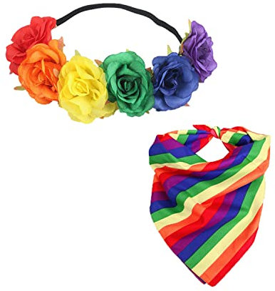 1pc Faux Rainbow Flower Stretch Stirnband mit 1pc Rainbow Square Bandana, Hochzeit Braut Stirnband Kopfbedeckungen Urlaub Reisen Regenbogen Haarschmuck für Pride Month.