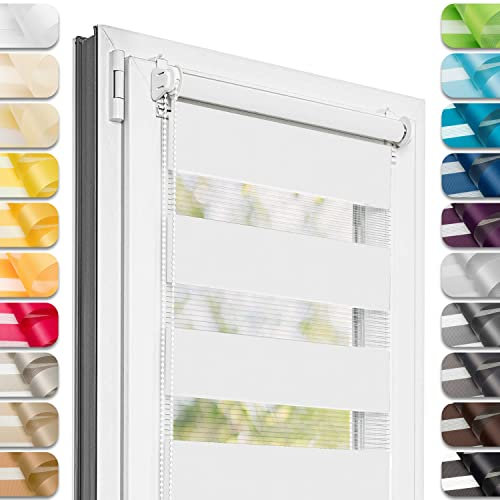 Estika Doppelrollo Klemmfix ohne Bohren - 140 cm x 120 cm - Weiß - 27 Stofffarben, Tag und Nacht Duo Rollo, Rollos für Fenster ohne Bohren, Fenster Sichtschutz (140 cm Stoffbreite)