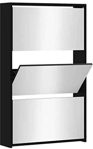 vidaXL Schuhschrank mit Spiegel 3 Fächer Schuhablage Schuhregal Schuhständer Schuhaufbewahrung Schuhkipper Schuhkommode Schwarz 63x17x102,5cm