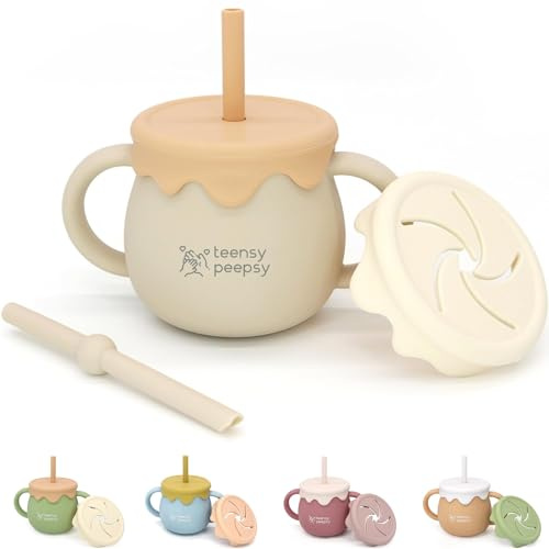 teensy peepsy Honey Jar Pot 3-in-1 Silicone Training Cup 8.5oz, Unisex Baby Sippy Cup with Straw & Snack Lid for 6 months+ Break Resistant Straw Cup for Toddler Smoothie Drinkware (Sandy Beige)