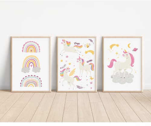 MeinBaby123® Einhorn Bilder für Kinderzimmer | 3er Set DIN A4 | Poster Set | Deko | Geschenke für Mädchen | Baby Geschenk (V7)