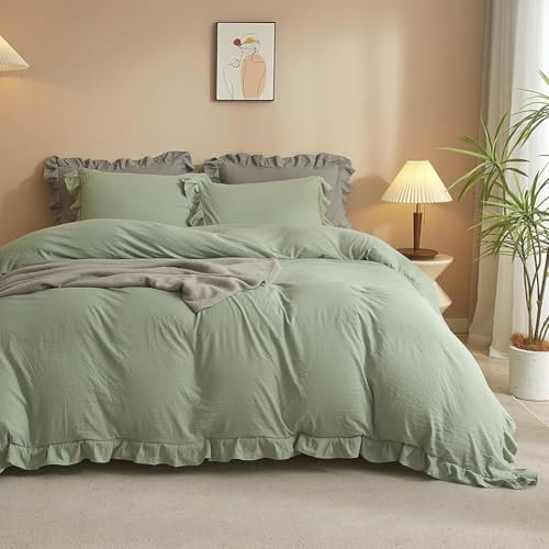 AShanlan Bettwäsche Rüschen 135x200 4teilig Salbeigrün Uni Einfarbig Romantisch Rüschenbettwäsche Set Microfaser Grün Deckenbezug mit Kissenbezug 80x80 cm Reißverschluss