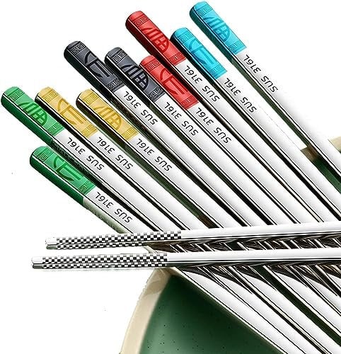 FoOhy Metal Reusable 316L Stainless Steel Chopsticks Dishwasher Multicolor Safe Square Non-slip Chop Sticks Laser Etching Patterns Chinese Chopsticks 5 Pair Gift Set