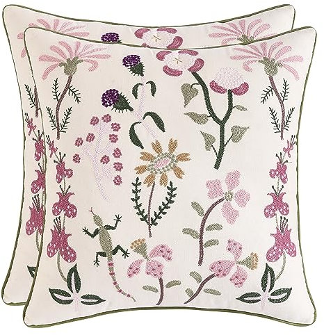 Tosleo 2 Stück Kissenbezüge Bestickte 45x45cm Dekorative Eidechsen und Blumen Stickerei Wurfkissenbezüge für Gartenlounge Sofa Dekokissen Wohnzimmer Schlafzimmer