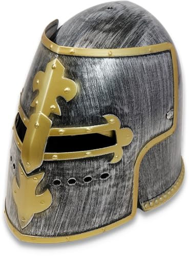 BestSaller 1426 Kinder-Ritterhelm Beckenhaube mit Klappvisier aus Kunststoff, Ritter, Krieger, Templer Titan/Gold