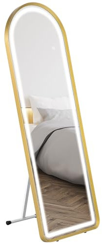HOMCOM Ganzkörperspiegel, 151,5 x 50 x 4 cm Wandspiegel mit Ständer, Standspiegel mit LED-Leuchte, Dimmbar Garderobenspiegel mit Touch-Schlater, für Wohnzimmer, Schlafzimmer, Gold