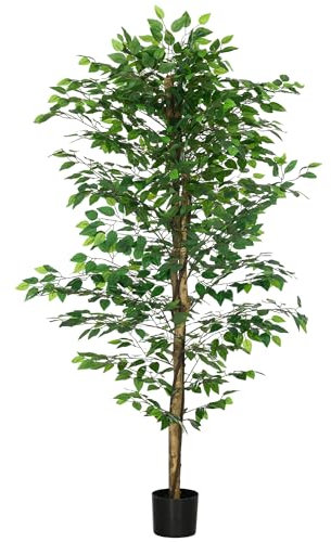 HOMCOM Plante Artificielle Arbre Artificiel ficus Hauteur 1,80 m Tronc Branches Liane Lichen Feuilles Grand réalisme Pot Inclus, intérieur, Vert