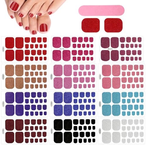JSRQT 12 Pezzi Adesivi per Smalto per Unghie dei Piedi con Lima per Unghie Toenail Sticker Glitter Autoadesive Decalcomanie Unghia Della Punta Avvolge Autoadesiva Arte DIY