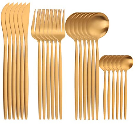 TVSKWMRQ Set di Posate Dorate opache 24 Pezzi forchette coltelli cucchiai Set di Posate in Acciaio Inossidabile, Oro Opaco