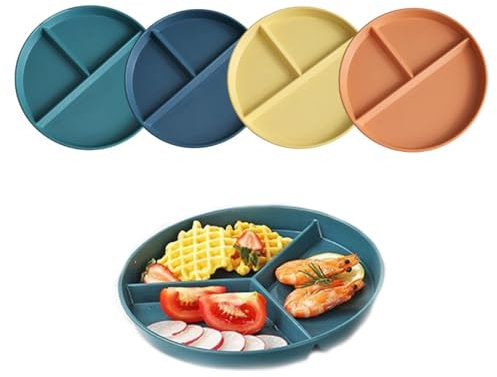 Assiette Plate Divisée Incassable,4 PCS Assiette à Dîner Divisée avec 3 Compartiments Assiette Regime Portion Rondes pour Adultes Enfants Dîner Dessert