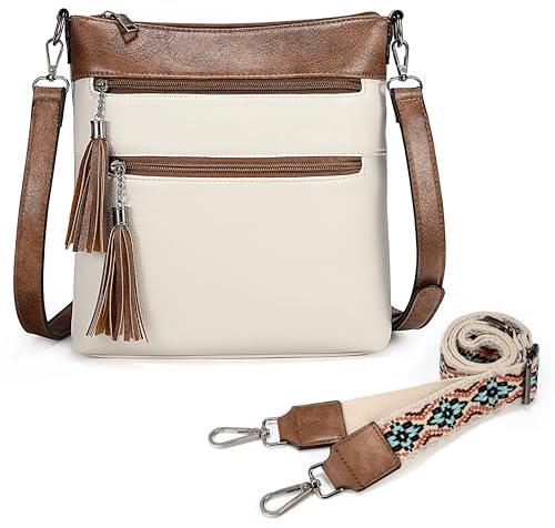 UTO Umhängetasche Damen und Herren Groß Leder mit Quaste Reißverschluss Unisex Messenger Bag Verstellbar Schulter Kunstleder Crossbody PU Leder Schultertasche für Abend Freizeit Lässig Business