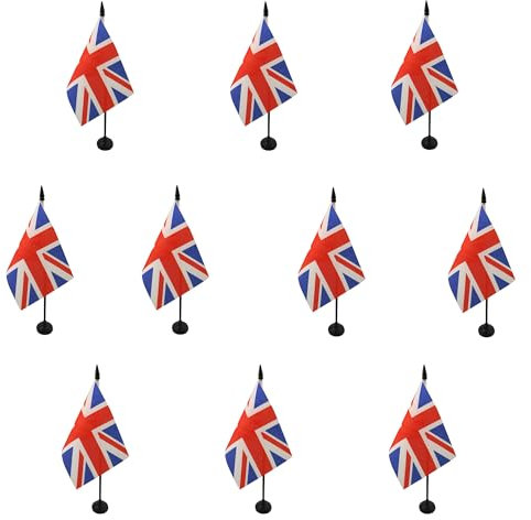 AZ FLAG 10 Stück Tischflagge Großbritanniens – 15 x 10 cm – 10 Mini-Flaggen für Großbritannien – für Büro, 100% Polyester, mit 25 cm Fahne und Sockel aus schwarzem Kunststoff