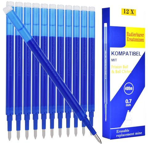 QIURUYUE 12* Radierbare Ersatzminen, Kompatibel mit Pilot Frixion& Eberhard Faber, 0,7mm Thermosensible Tinte, Nachfüllminen für Gel-Tintenroller