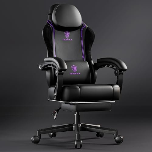 Dowinx Ergonomic Gaming Chair with Footrest, Massage Lumbar Support, High Back Leather Video Game Chair, 200kg Purple