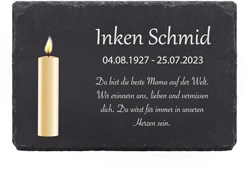 LAUBLUST Personalisierte Grabplatte als Grabschmuck für Menschen mit Wunschtext | Schieferplatte mit Gravur als Grabstein Deko & Grabtafel - Gedenkkerze, 3 Größen | Schöne Grabsteine mit Name