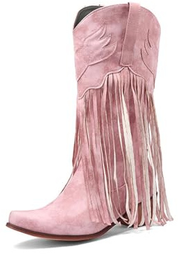 FGRID Stivali da Cowgirl con Frange da Donna, Stivali Western in Pelle Scamosciata Vintage Polpaccio Largo, Stivali Cowboy Invernali Alti Fino Ginocchio con Tacco Spesso e Nappe,Rosa,38
