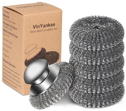 6-teiliges Stahlwoll-Schrubber mit Ersatzdraht-Pads, Edelstahl-Schrubber mit Griff zum Scheuern hartnäckiger Verschmutzungen aus Gusseisen, Töpfen, Pfannen, Grill, Herden, Spüle (1 Schrubber + 5 Pads)