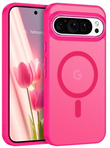 YINLAI Cover magnetica per Google Pixel 9 Pro XL, compatibile con MagSafe, custodia traslucida opaca posteriore sottile protezione fotocamera posteriore antiurto antigraffio rosa rossa