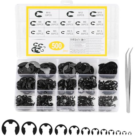 Pack de 500 E-clips, jeu de circlips, jeu de circlips E clips, rondelles de verrouillage internes, assortiment de bagues de verrouillage externes M1.2-M15 E pour fixer des roulements, des engrenages