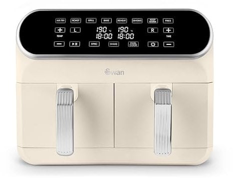 Swan SD10519C Retro Dual Basket Air Fryer with Swan Cyclone Technology, LED Display, 8 Pre-Set Cooking Options, Adjustable Temperature, 8L, 1700W, Cream