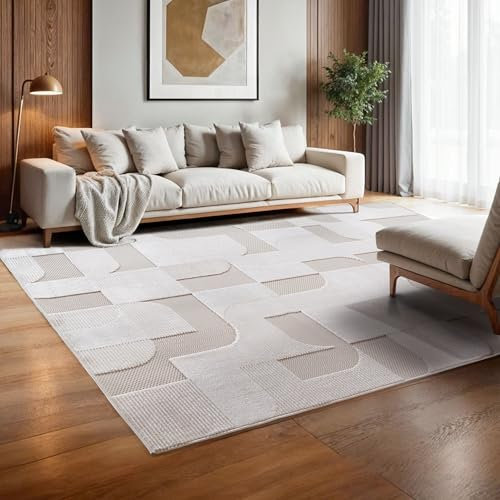 SIMPEX Indoor Outdoor Teppich wetterfest 160x230 cm, 3D Optik, Skandinavisches Design, waschbar, wetterbeständiges, Natur Creme Farbe, Wohnzimmer, Schlafzimmer, Terrassenteppich