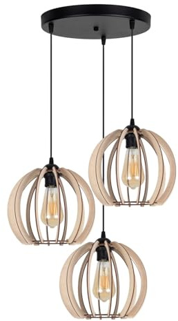 Licht-Erlebnisse Pendelleuchte Metall Holz Schwarz Wohnzimmer Esszimmer B:40 cm E27 bis 60 W 3-flammig Kugeln natürlich Skandinavisch runde Hängelampe Esstisch JUQIS